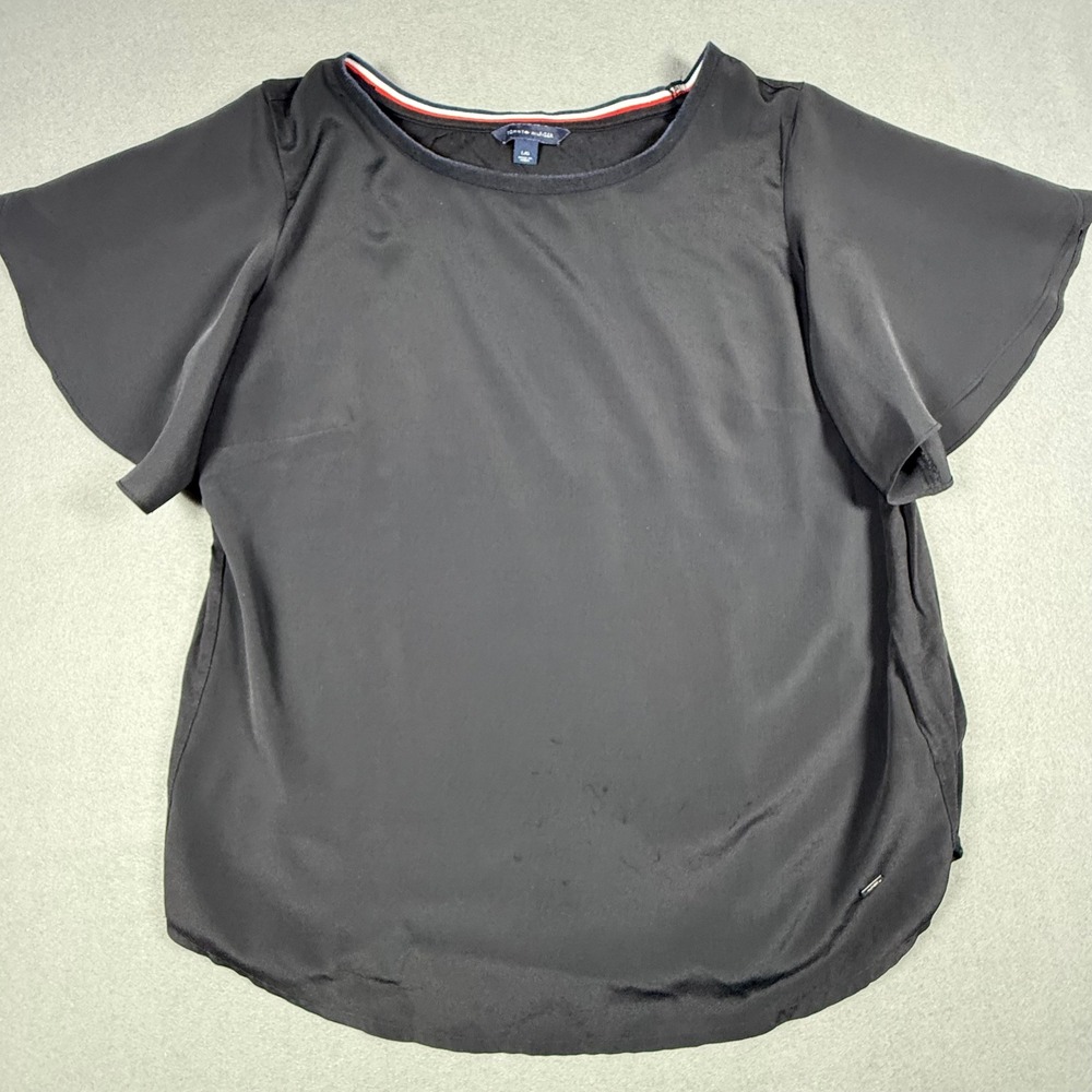 Tommy Hilfiger Women Blouse Flutter Sleeve L Black Mixed Media Satin Jersey Top